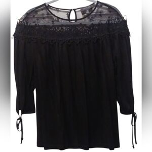 The Limited - NWOT, Black Blouse W/ 3/4 Strappy Sleeve, Keyhole Back, Sheer Neck